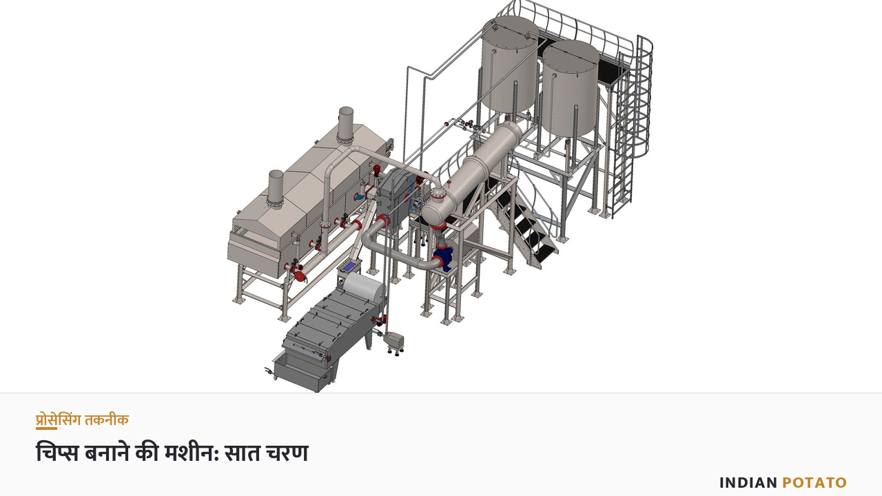 फ्राई एंड बेक की लगातार चलने वाली आलू चिप्स फ्रायर लाइन — बाहर से तेल गर्म करने वाला हीट एक्सचेंजर और तेल टंकियाँ